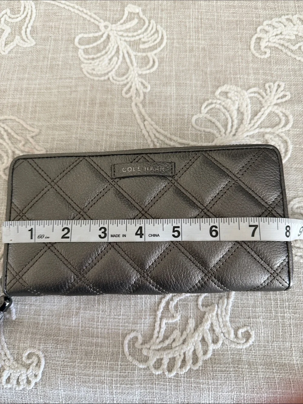 Cole Haan Quilted Metallic Grey Pewter Zip Around Wallet with Tassel Pull